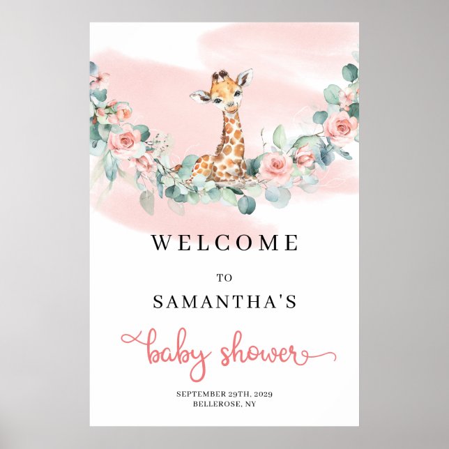 Safari Giraffe Eucalyptus Girl Baby Shower Welcome Poster (Front)