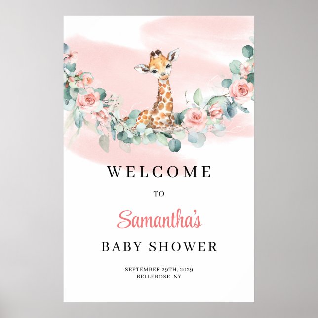 Safari Giraffe Eucalyptus Girl Baby Shower Welcome Poster (Front)