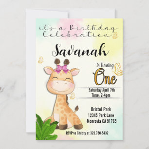 Safari Giraffe first Birthday invitation