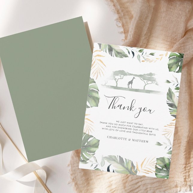 Safari Giraffe Palms Leaves Baby Shower Thank You Card (Jungle Safari Baby Shower Giraffe Thank You Card)