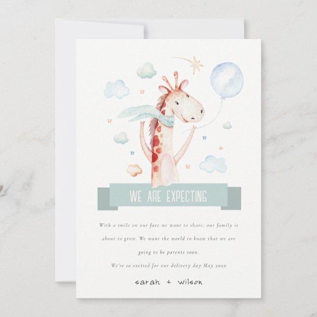 Safari Giraffe Star Cloud Balloon Baby Pregnancy Announcement (Front)