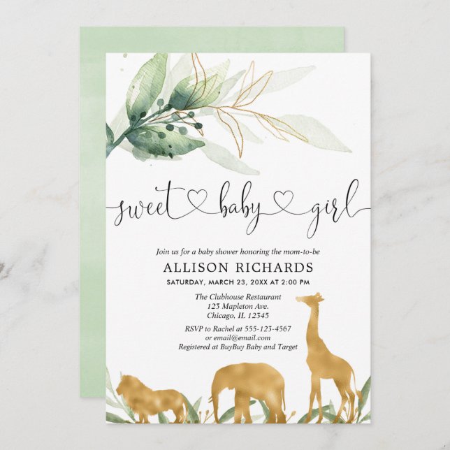 Safari girl baby shower invitation sweet baby girl (Front/Back)