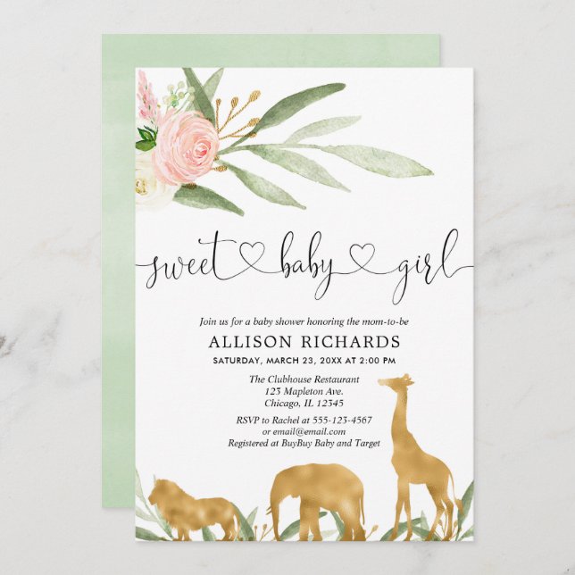 Safari girl baby shower invitation sweet baby girl (Front/Back)