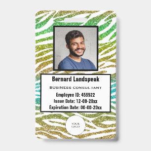 Safari Green Zebra Stripes Glitter Logo & Photo ID Badge