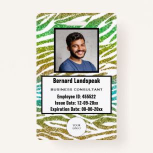 Safari Green Zebra Stripes Glitter Logo & Photo ID Badge