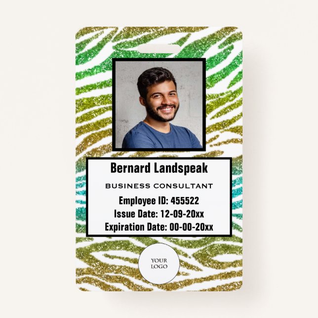 Safari Green Zebra Stripes Glitter Logo & Photo ID Badge (Front)
