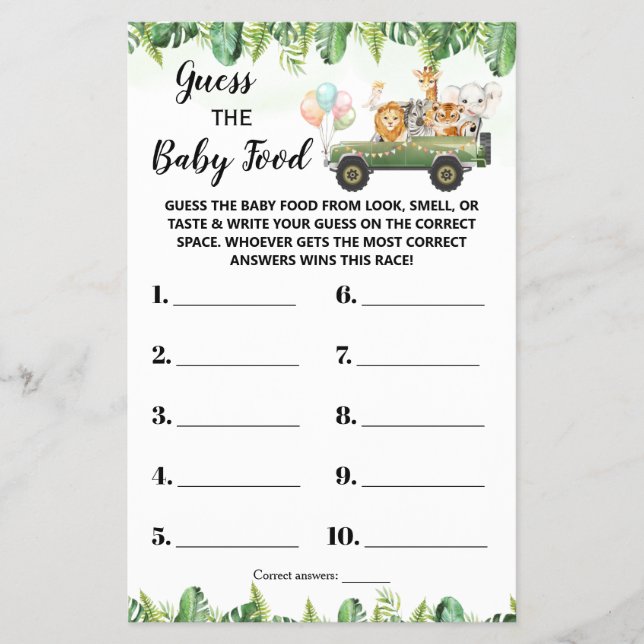 Safari Guess the Baby Food Baby Shower Game Card (Front)