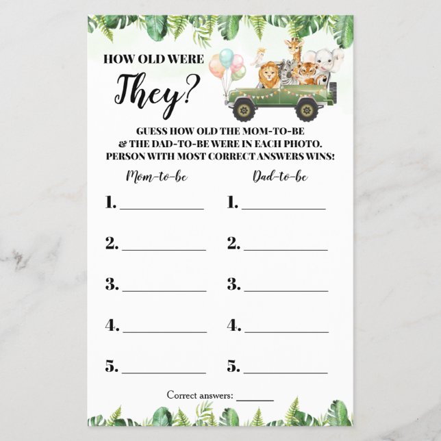 Safari How Old Were They Baby Shower Game Card (Front)