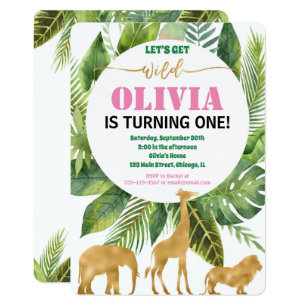 Safari jungle 1st birthday girl wild one invitation