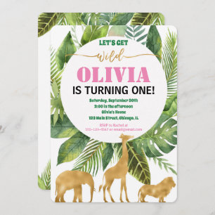 Safari jungle 1st birthday girl wild one invitation