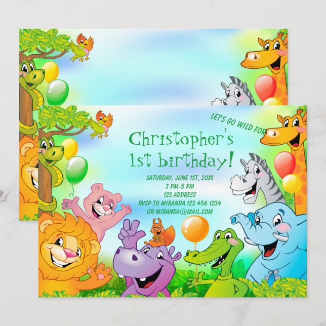 Safari jungle 1st birthday party invitation card (Front/Back)
