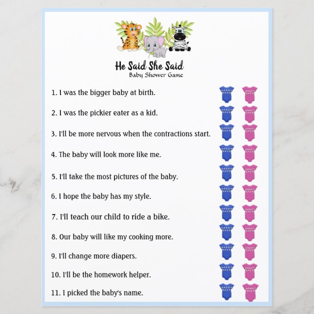 Safari Jungle Animal Baby Shower He Said She Said (Front)