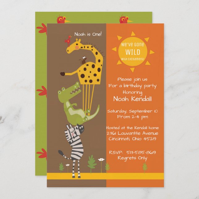 Safari jungle animal birthday party invitation (Front/Back)