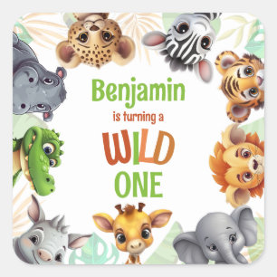 Safari Jungle Animal Kid's Wild One Birthday Party Square Sticker