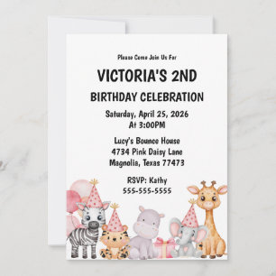 Safari Jungle Animal Pink Girls Birthday  Invitation