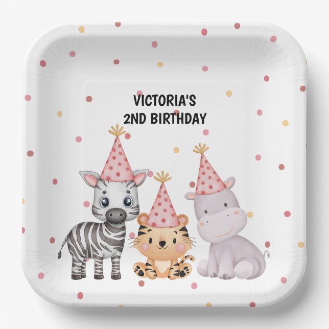 Safari Jungle Animal Pink Girls Birthday  Paper Plate (Front)