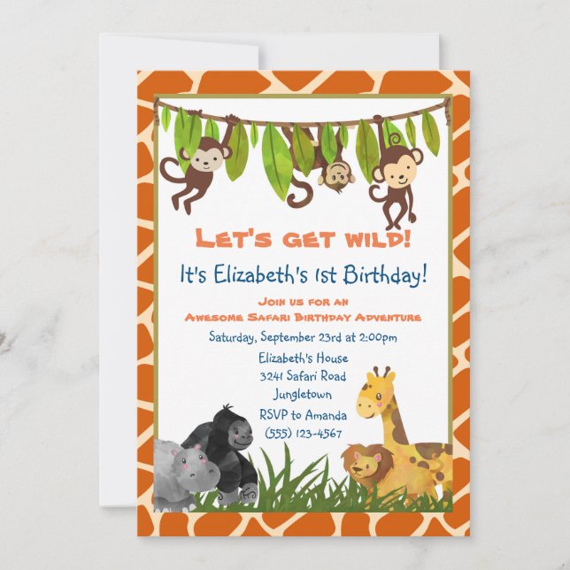 Safari Jungle Animal Theme Birthday Party Invite (Front)
