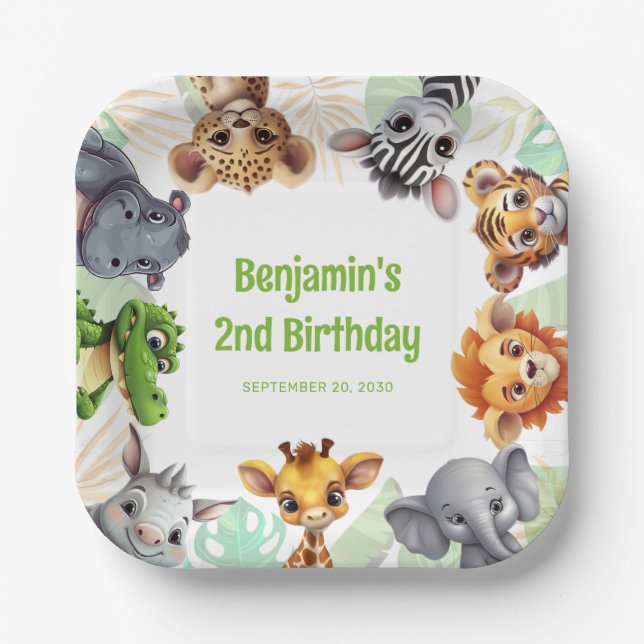 Safari Jungle Animal Themed Child's 2nd Birthday Paper Plate (Front)
