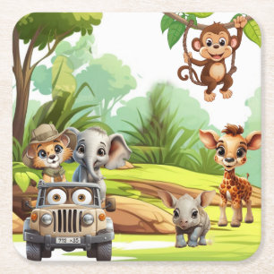 Safari Jungle Animal Wild One 1st Birthday Party Square Paper Coaster