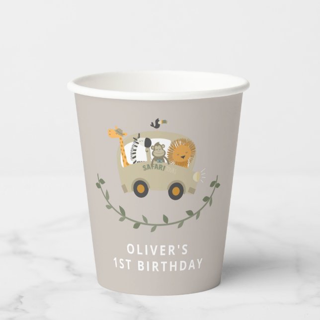 Safari Jungle Animals 1st Birthday Custom Name Paper Cups (Front)