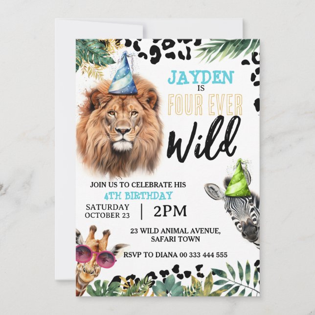 Safari Jungle Animals 4th Four-Ever Wild Birthday Invitation (Front)