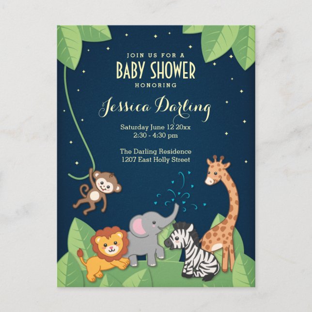 Safari Jungle Animals Adorable Baby Shower Invitation Postcard (Front)