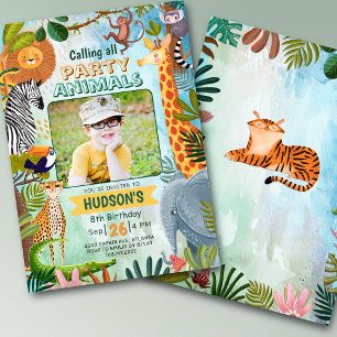 Safari jungle animals any age boy birthday photo invitation