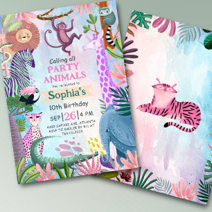 Safari jungle animals any age girl birthday invitation
