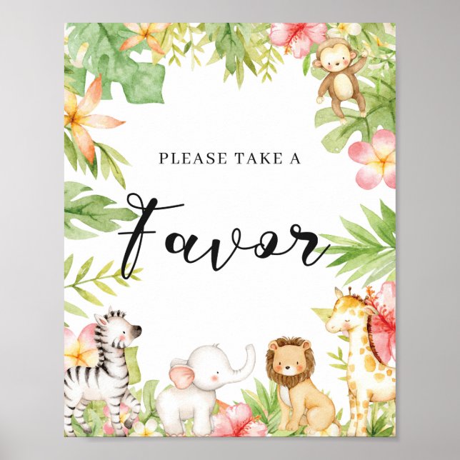 Safari Jungle Animals Baby Shower Favors Sign (Front)