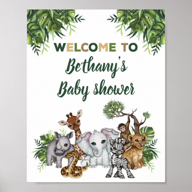 Safari Jungle Animals Baby Shower Welcome Sign (Front)