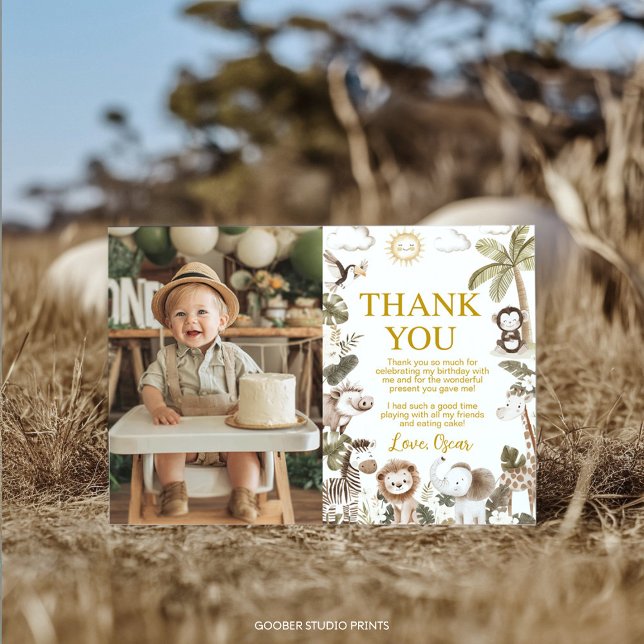 Safari Jungle Animals Birthday Party Photo Thank You Card (Creator Uploaded)