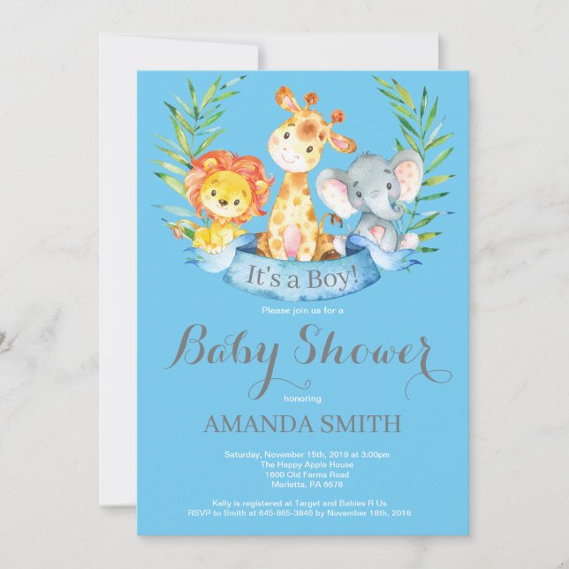 Safari Jungle Animals Boy Baby Shower Invitation (Front)