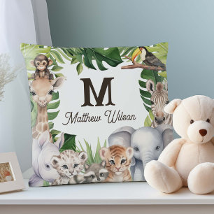 Safari jungle animals cute baby boy name nursery cushion