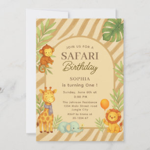 Safari Jungle Animals First Birthday  Invitation