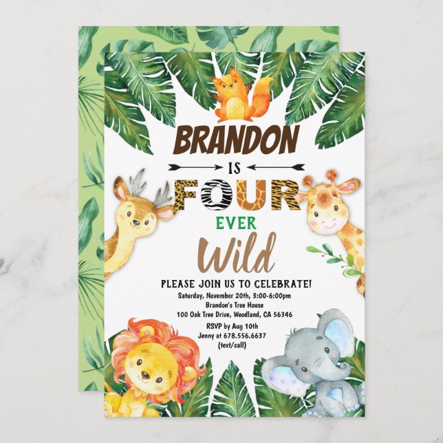 Safari Jungle Animals Four Ever Wild 4th Birthday Invitation (Front/Back)