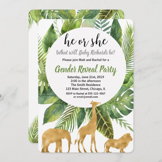 Safari jungle animals gender reveal invitation (Front/Back)