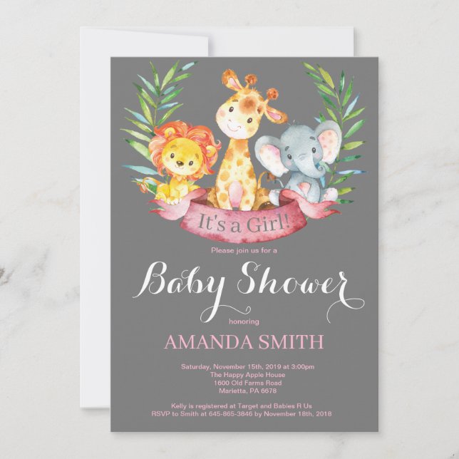 Safari Jungle Animals Girl Baby Shower Invitation (Front)