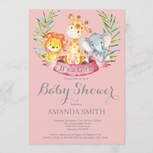 Safari Jungle Animals Girl Baby Shower Invitation