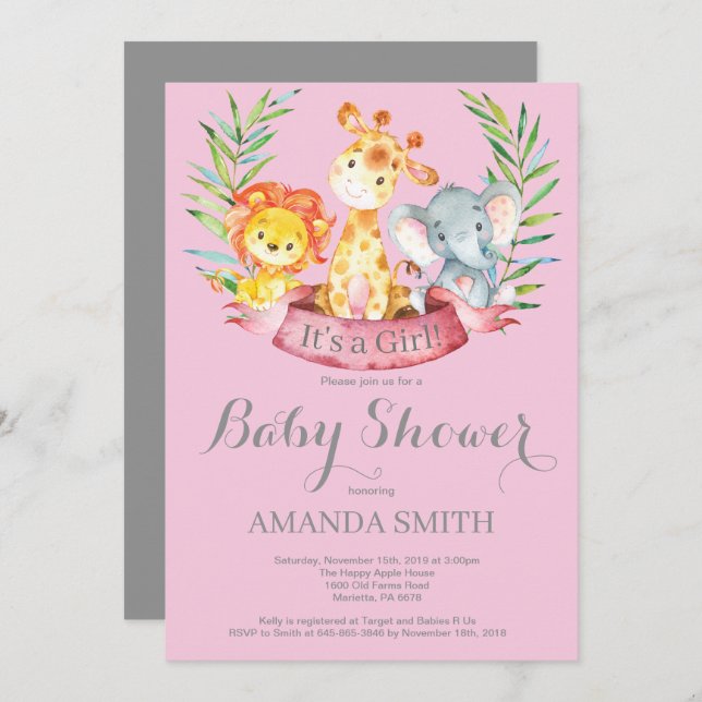 Safari Jungle Animals Girl Baby Shower Invitation (Front/Back)