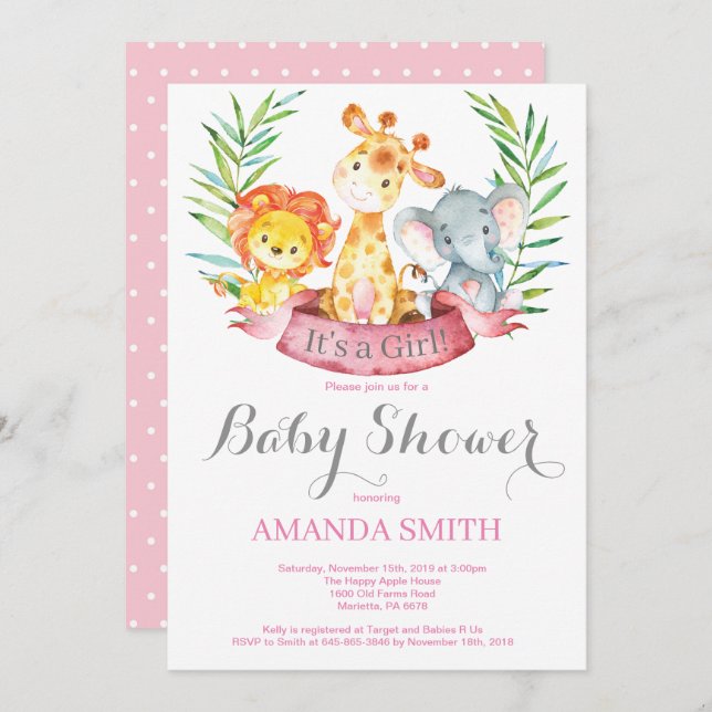 Safari Jungle Animals Girl Baby Shower Invitation (Front/Back)