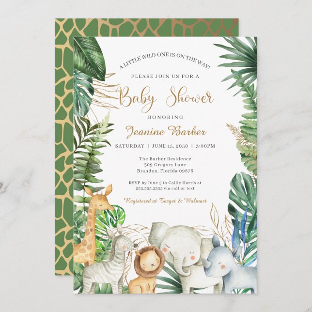 Safari Jungle Animals - Green Gold Baby Shower Invitation (Front/Back)