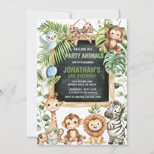  Safari Jungle Animals Greenery Birthday Invitation (Front)