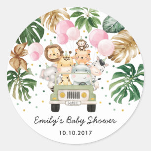 Safari Jungle Animals Greenery Pink Balloons Baby Classic Round Sticker