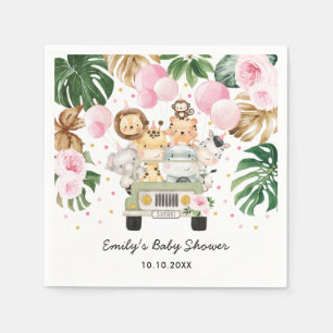 Safari Jungle Animals Greenery Pink Balloons Baby Napkin