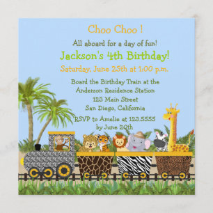Safari Jungle Animals in Train Birthday Invitation