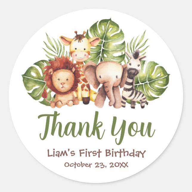 Safari Jungle Animals Leaves Thank You Birthday  Classic Round Sticker (Front)