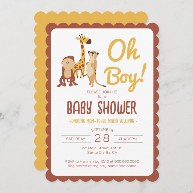 Safari Jungle Animals Oh Boy Baby Shower Invitation (Front/Back)