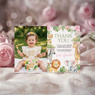 Safari Jungle Animals Pink Floral Birthday Photo Thank You Card