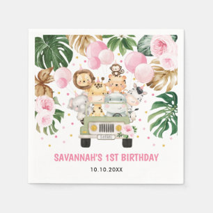 Safari Jungle Animals Pink Floral Girl Birthday Napkin