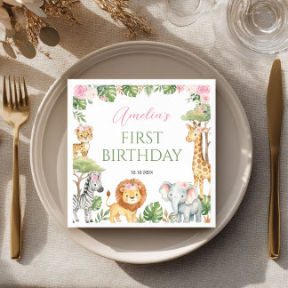 Safari Jungle Animals Pink Floral Girl Birthday Napkin